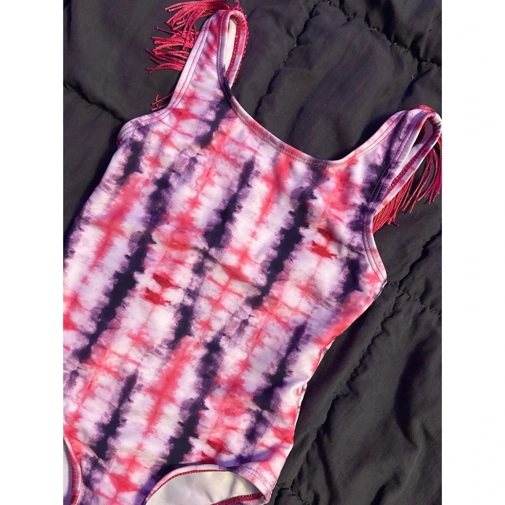 Andy & Evan Girls Pink Purple Tie Dye Fringe One Piece Swimsuit UPF 50+ 3T